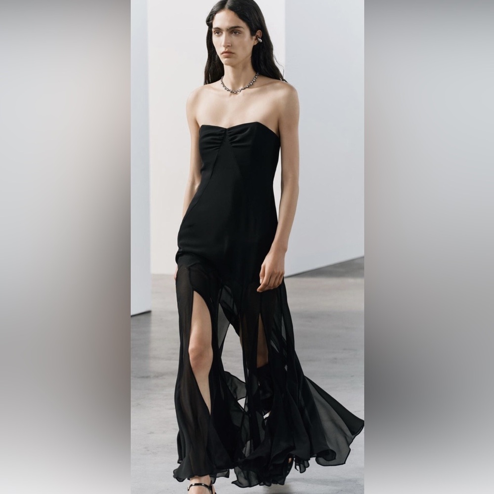 ZARA Semi-Sheer Strapless Black Long Fringed Dress size small